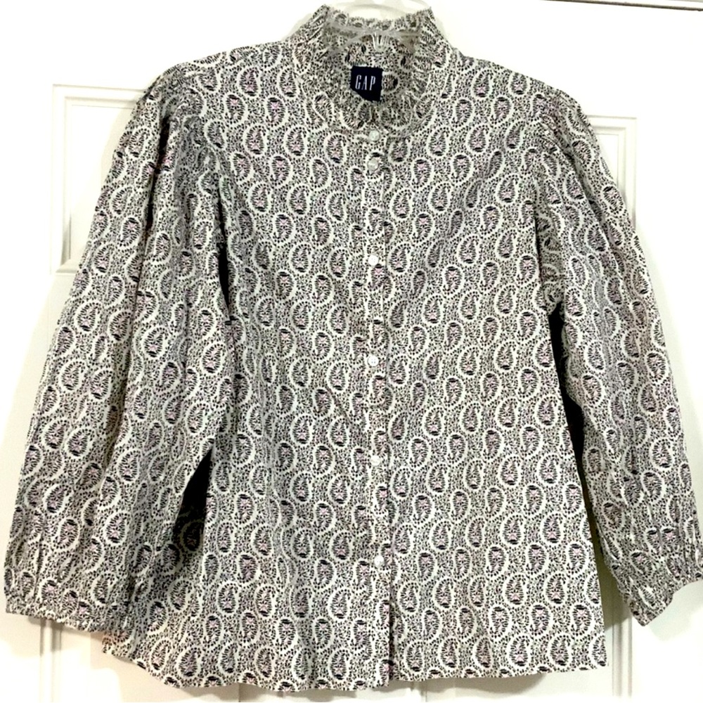 NWT GAP Black/White/Pink paisley Button Down Blouse puff sleeve Size Large